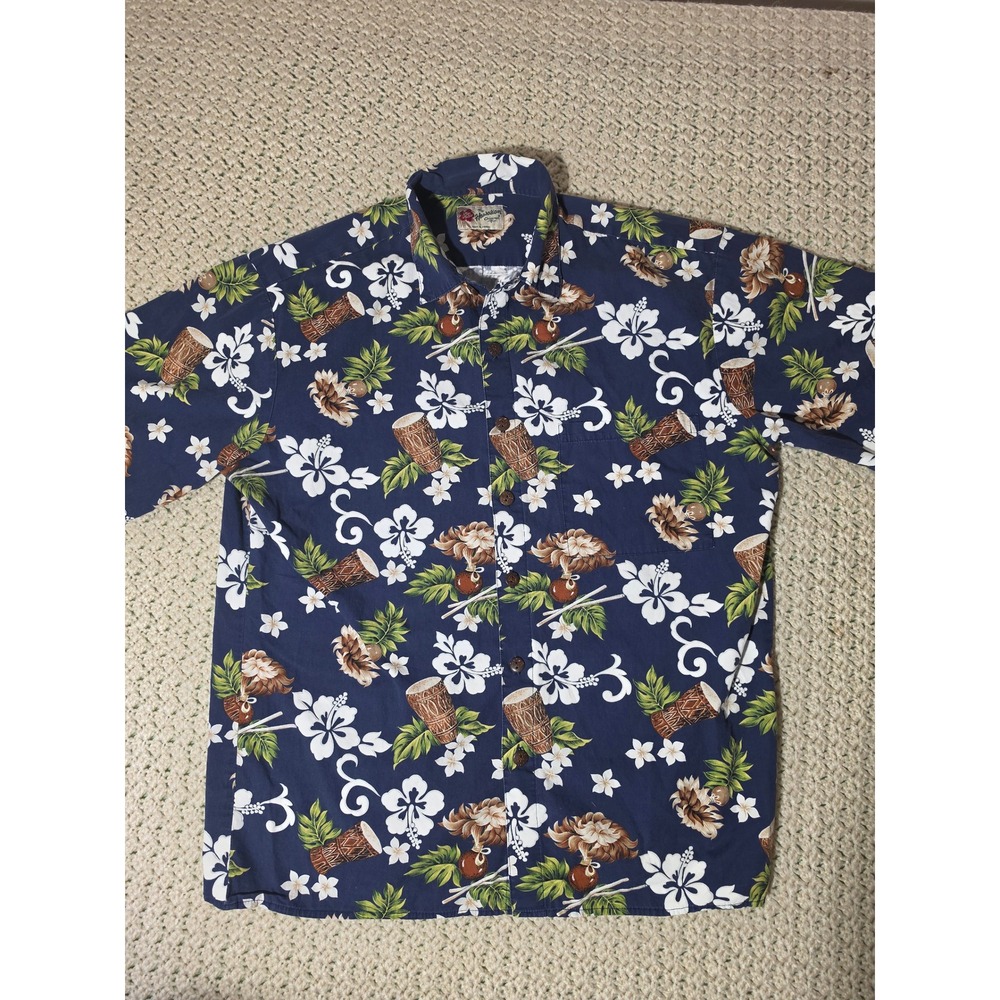 Hilo Hattie Hawaiian Shirt Mens Large Navy Blue Excellent Tropical Drum Print